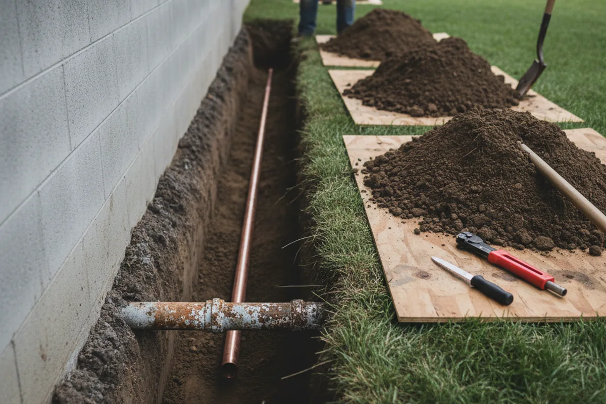 Excavated water line trench during Water Softener Installation in Richmond
